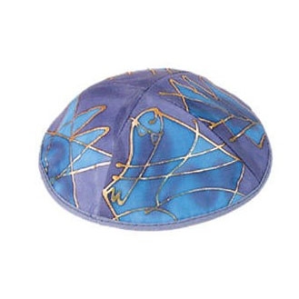 Yair Emanuel Hand Painted Silk Kippah with Abstract Design (Blue and Gold) - 1
