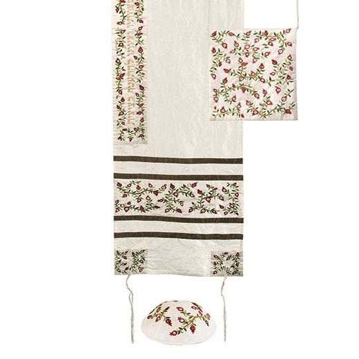 Yair Emanuel Poly Silk Women's Embroidered Pomegranates Prayer Shawl Set with Tallit Shoulder Bag (White) - 1