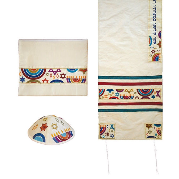 Yair Emanuel Embroidered Poly Silk Prayer Shawl Set with Traditional Symbols (Multicolored) - 1