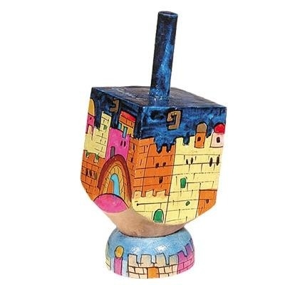 Yair Emanuel Hand Painted Colorful Jerusalem at Night Wooden Dreidel with Stand - 1