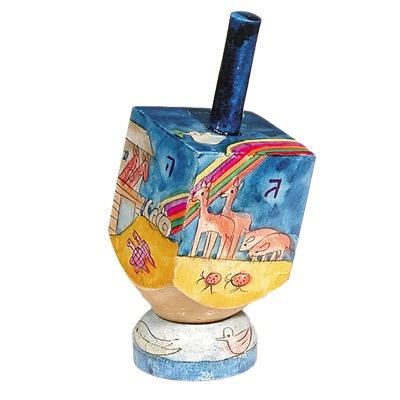 Yair Emanuel Hand Painted Wooden Dreidel with Noah's Ark Design and Stand - 1