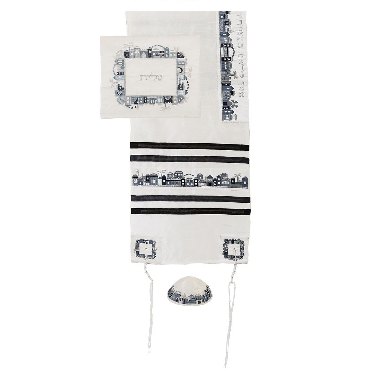 Yair Emanuel Cotton Embroidered Jerusalem Tallit Prayer Shawl Set (Black and Gray) - 1