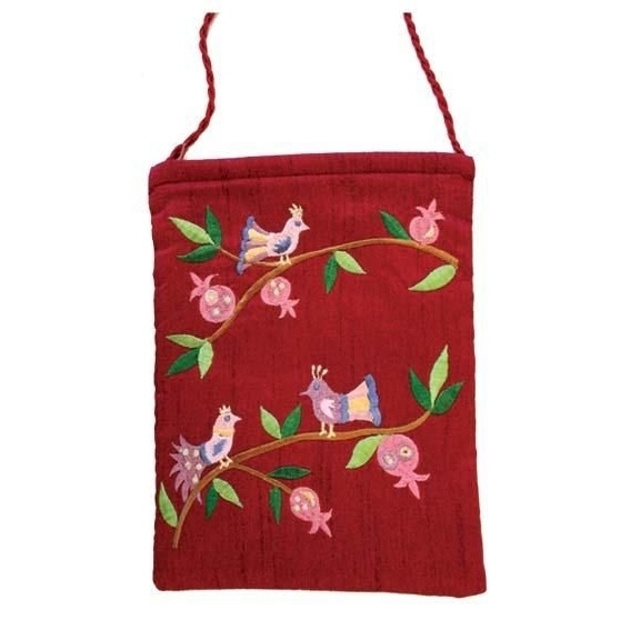Yair Emanuel Embroidered Passport Bag with Bird and Pomegranate Design - Color Option - 1
