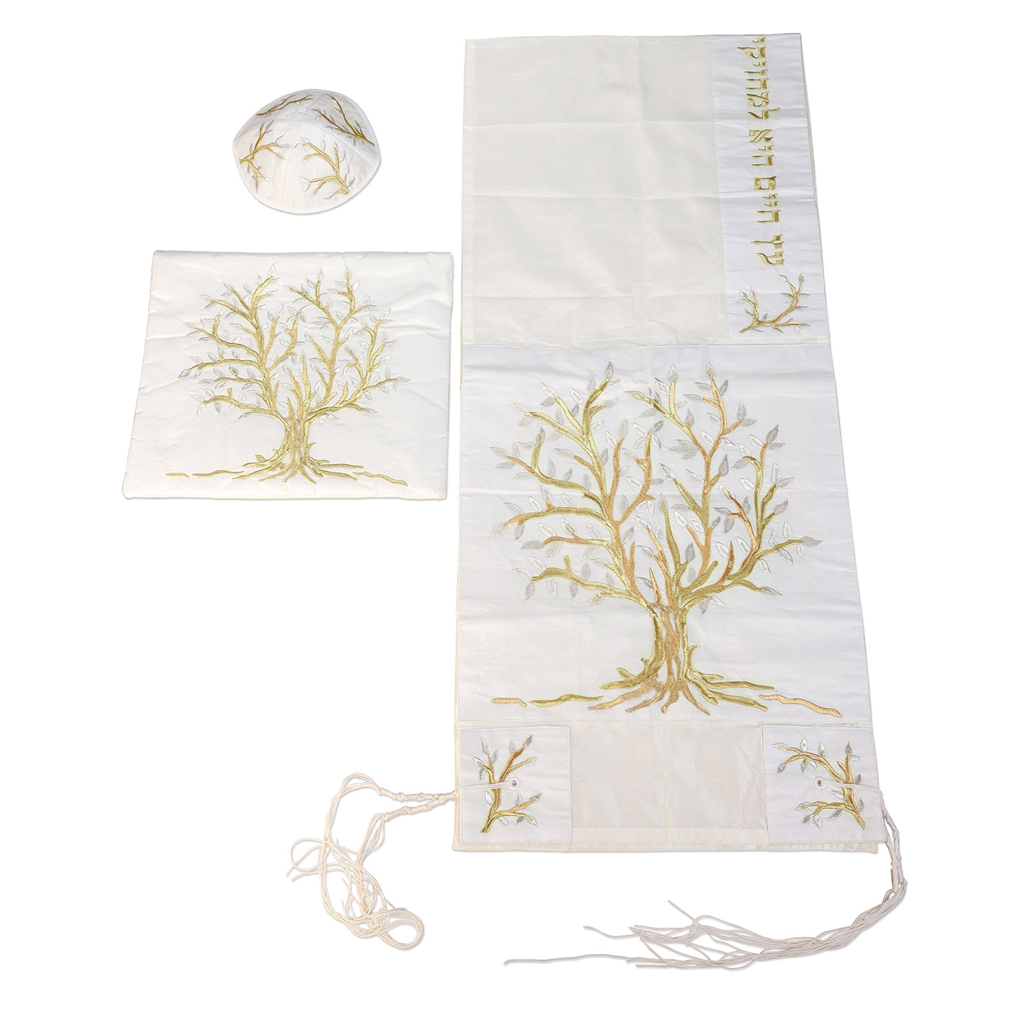 Yair Emanuel Embroidered Poly Silk Tallit Prayer Shawl Set with Tree of Life Design (Gold) - 1