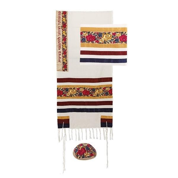 Yair Emanuel Floral Tallit Prayer Shawl Set With Red, Gold and Blue Stripes - 1