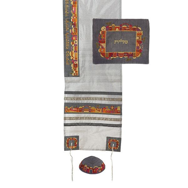 Yair Emanuel Grey Embroidered Jerusalem Tallit with Matching Bag & Kippah - 1