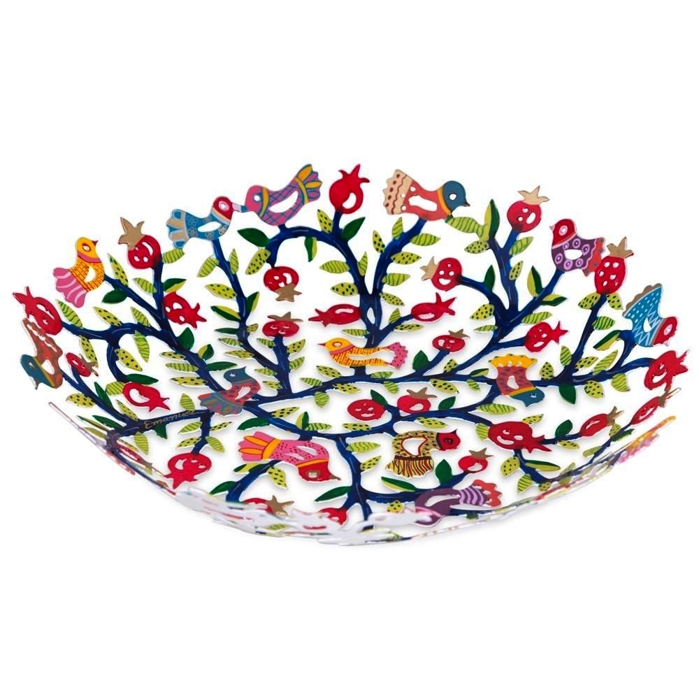 Yair Emanuel Hand Painted Laser Cut Bowl (Birds and Pomegranates) - 1