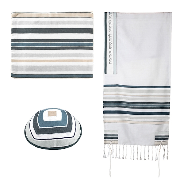 Yair Emanuel Woven Stripes Prayer Shawl Set with Matching Kippah and Bag - Variety of Colors - 1