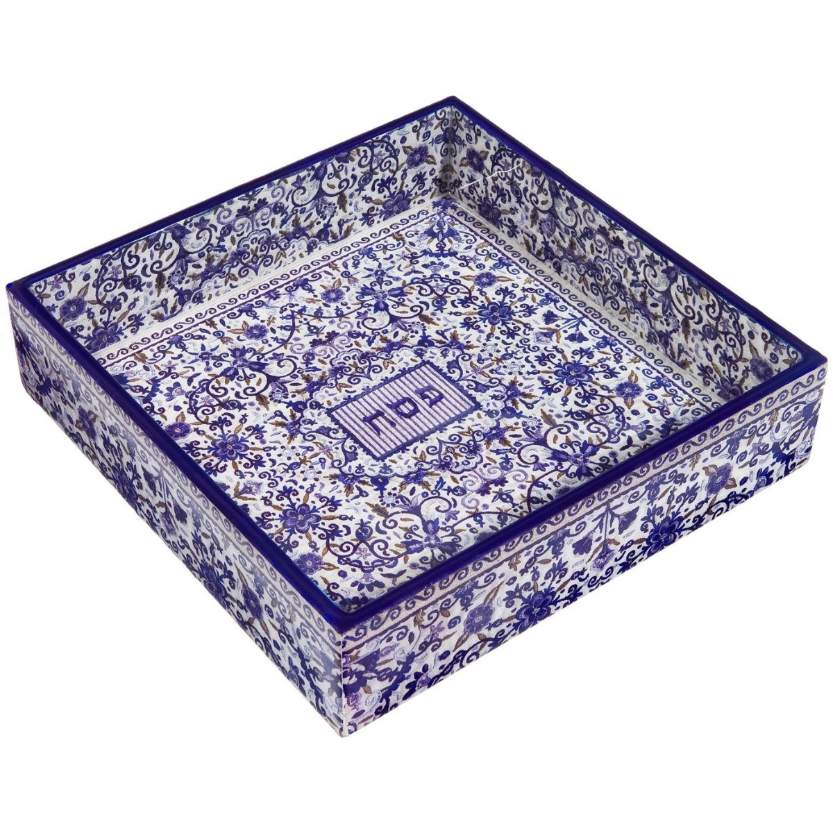 Yair Emanuel Wooden Matzah Tray With Floral Motif (Blue) - 1