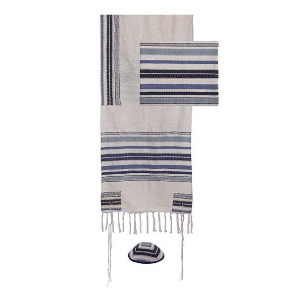 Yair Emanuel Hand-Woven Prayer Shawl (Tallit) - Blue Stripes with Matching Bag & Kippah - 1