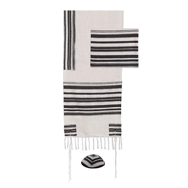 Yair Emanuel Hand-Woven Black Stripes Prayer Shawl (Tallit) with Matching Bag & Kippah - 1