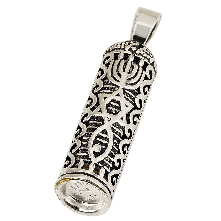 Rhodium Plated Sterling Silver Messianic Grafted-In Mezuzah Necklace - 1