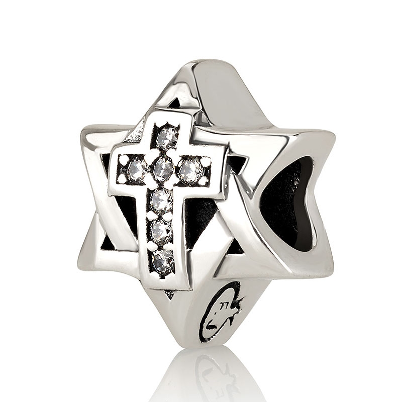 Emuna Studio Rhodium Plated Silver Star of David Cross Bead Charm with CZ Accents - 1