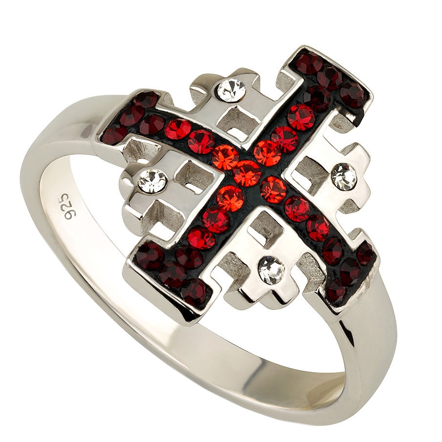 Rhodium Plated Sterling Silver Jerusalem Cross Ring with Red Gemstones - 1