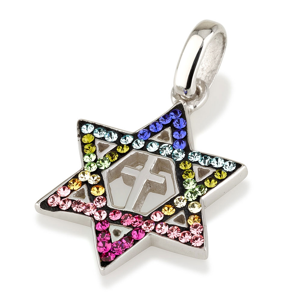 Rhodium Plated Sterling Silver Messianic Star of David Necklace with Cross and Rainbow Gemstones - 1