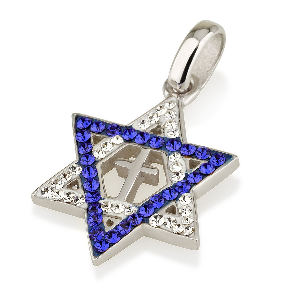 Rhodium Plated Sterling Silver Messianic Star of David Necklace with Cross and White and Blue Gemstones - 1