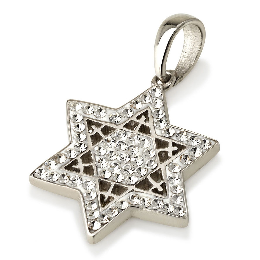 Rhodium Plated Sterling Silver Star of David Necklace with Crosses and Gemstones - 1
