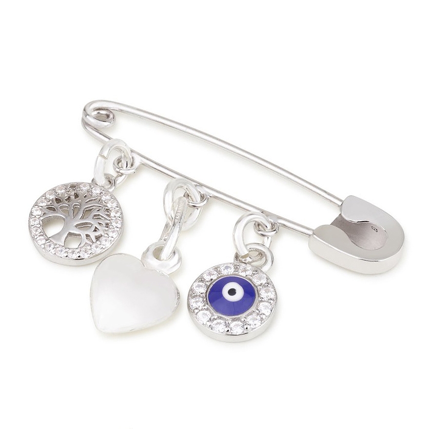 Sterling Silver Safety Pin for Babies with Symbolic Charms - 1