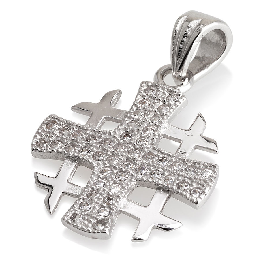 Rhodium Plated Sterling Silver Jerusalem Cross Pendant with Cubic Zirconia  - 1