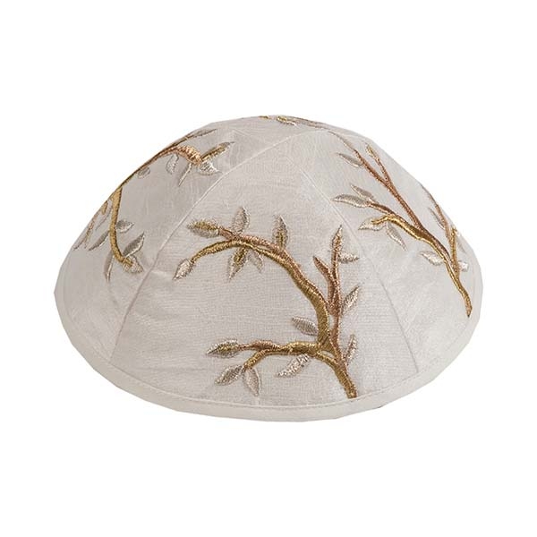 Yair Emanuel Embroidered Silk Kippah with Olive Branch Design (Gold on White) - 1