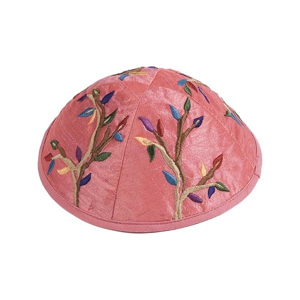 Yair Emanuel Embroidered Silk Kippah with Olive Branch Design (Multicolored on Pink) - 1