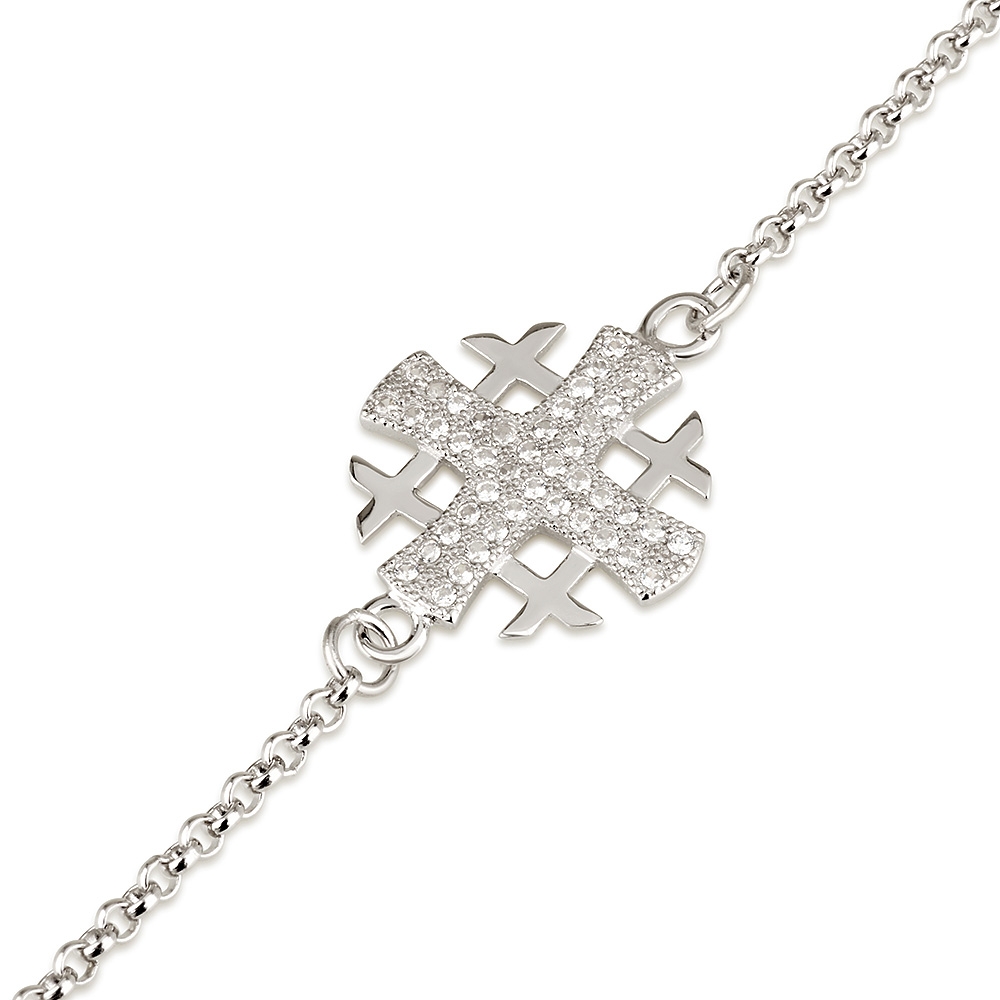 Emuna Studio Rhodium Plated Silver Pavé Jerusalem Cross Bracelet with CZ - 1