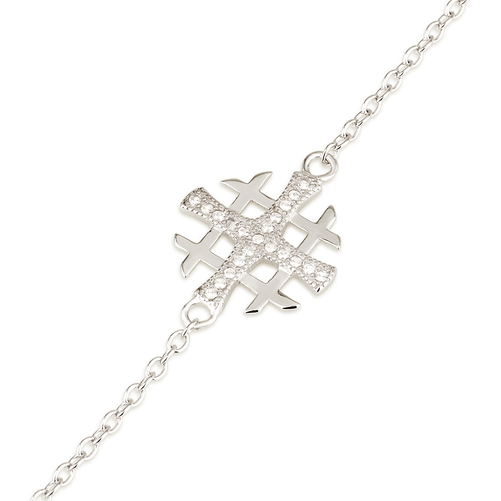 Emuna Studio Rhodium Plated Silver Jerusalem Cross Bracelet with CZ Accents - 1