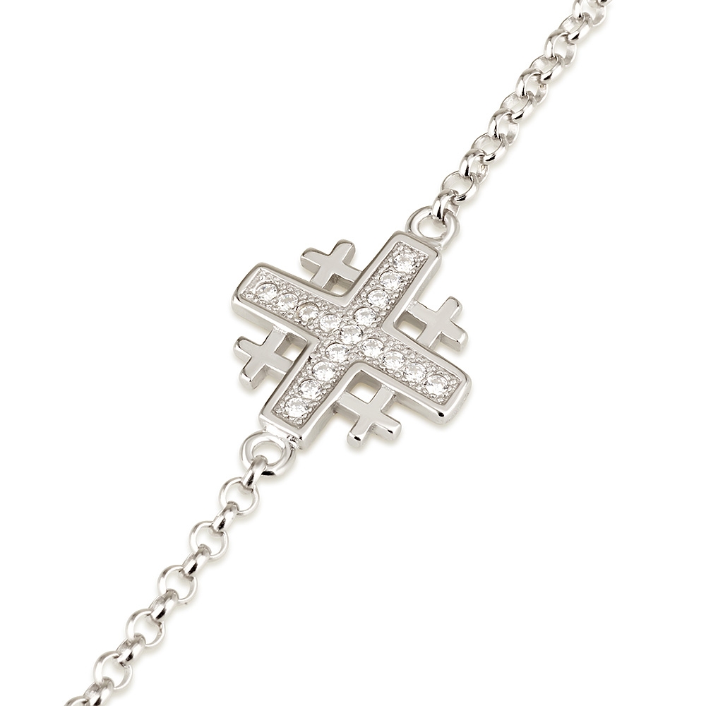 Emuna Studio Rhodium Plated Silver Channel-Set Jerusalem Cross Bracelet with CZ - 1